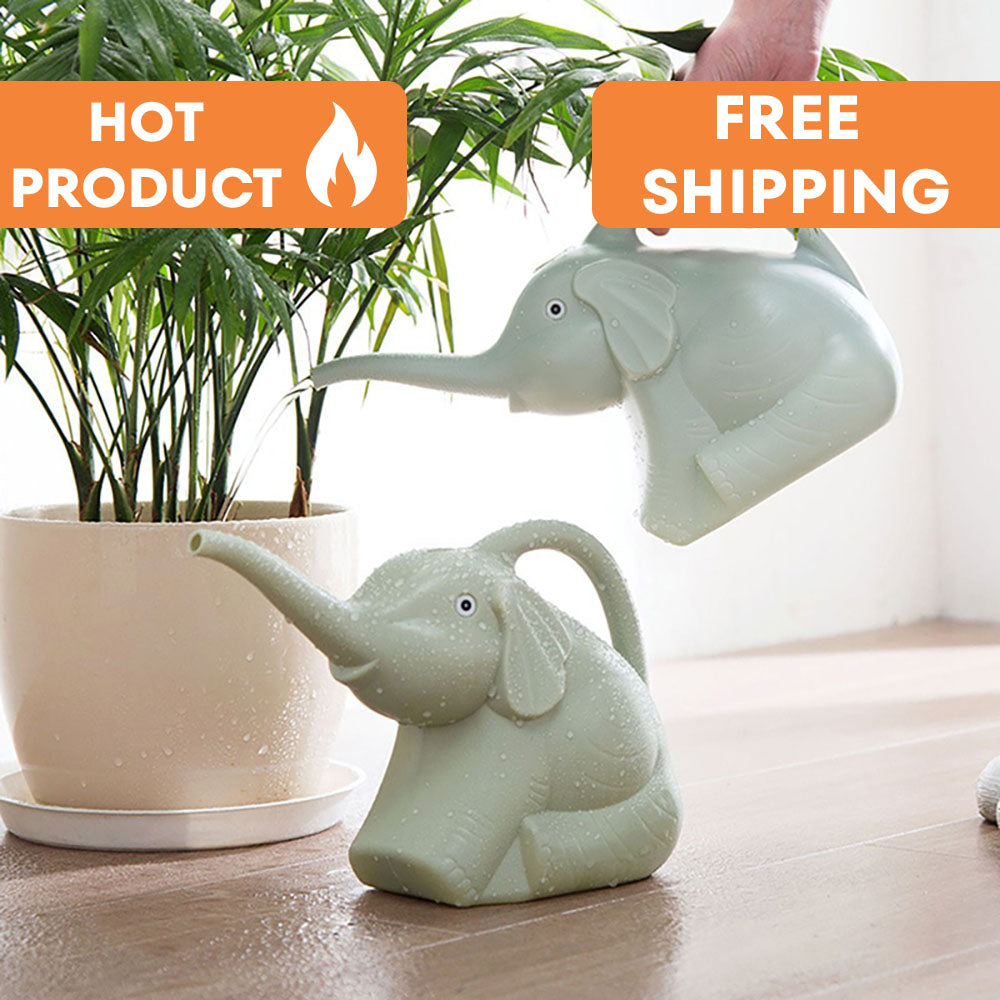 Green elephant-shaped watering can being used to water indoor plants, with labels highlighting 'Hot Product' and 'Free Shipping.' The can is designed with a playful elephant form, and is shown next to a large potted plant on a wooden floor