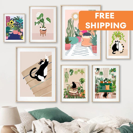 FUNNY CAT POSTER CATS WITH BOTANICAL PLANT CANVAS PAINTING