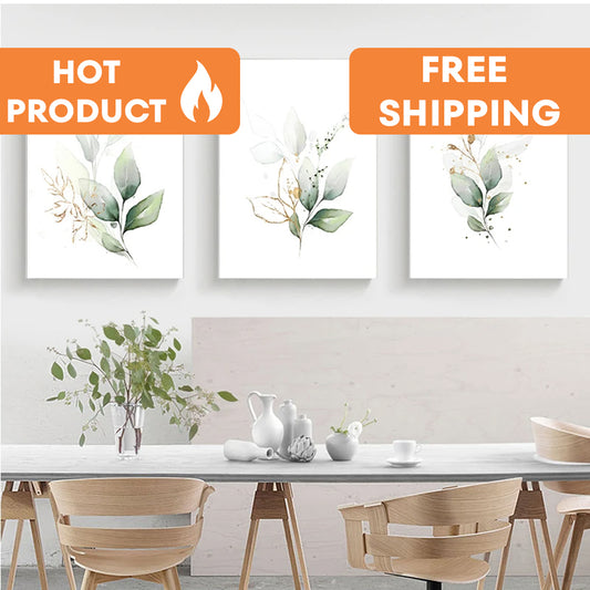 BOHO GREEN LEAVES GOLDEN FLORAL PLANT POSTER CANVAS PAINTING