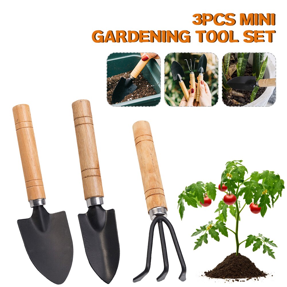 3PC/SET GARDEN RAKE SHOVELS WOOD HANDLE METAL