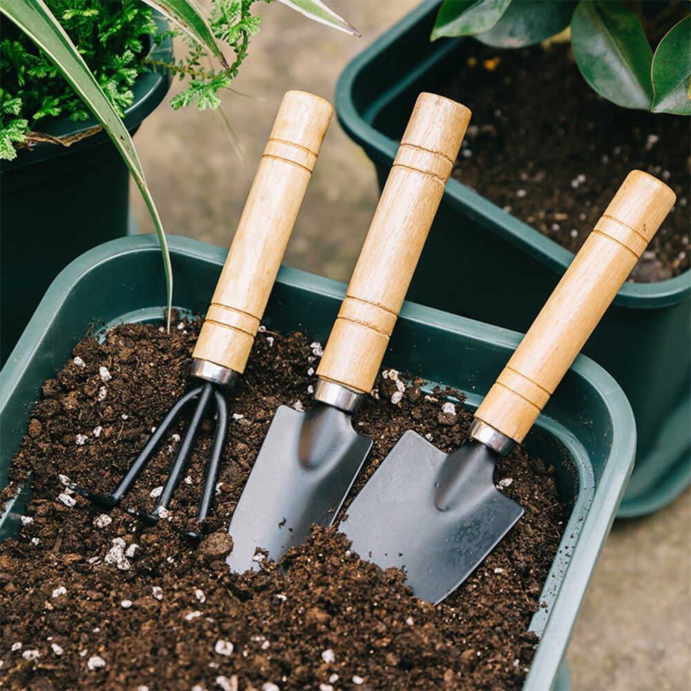 3PC/SET GARDEN RAKE SHOVELS WOOD HANDLE METAL